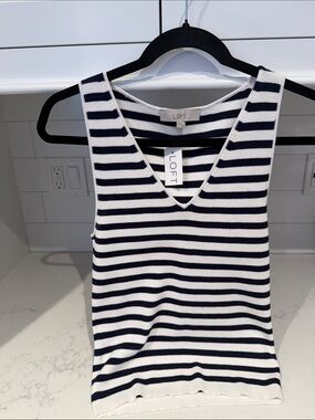 LOFT Black and White Striped V-Neck Tank Top